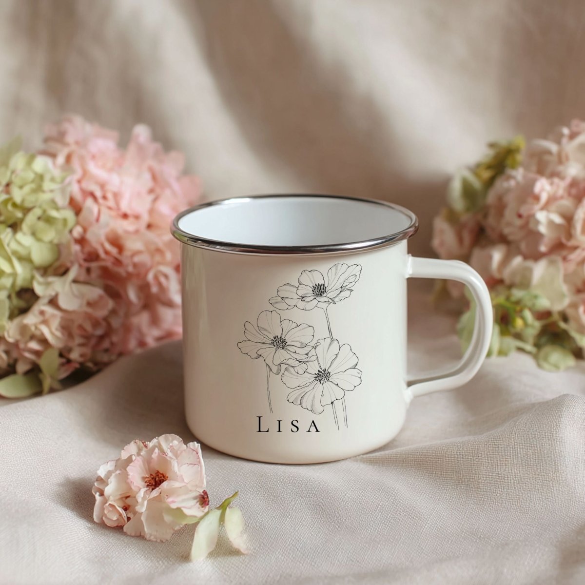 Emaille - Tasse mit Geburtsblumen - personalisierbar - Studio Linéa Botanica